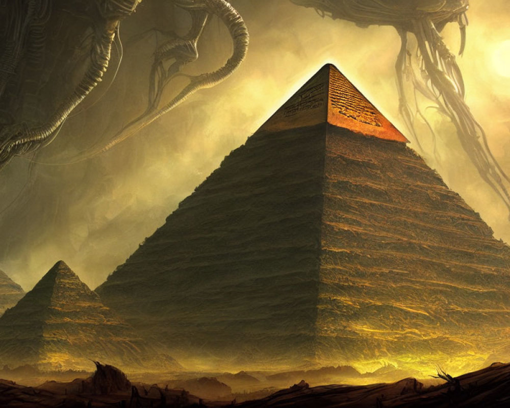 Futuristic alien landscape with large pyramids and serpent-like creatures