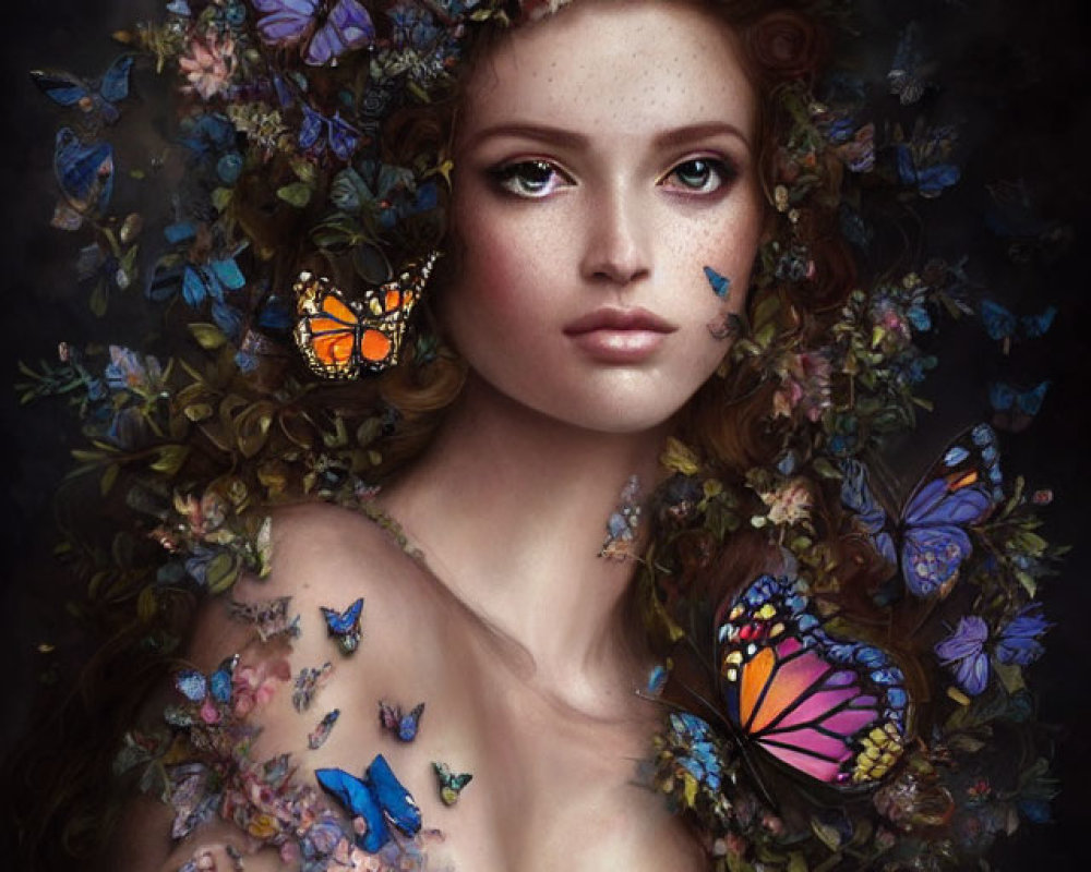 Woman with Floral Butterfly Crown Surrounded by Colorful Butterflies