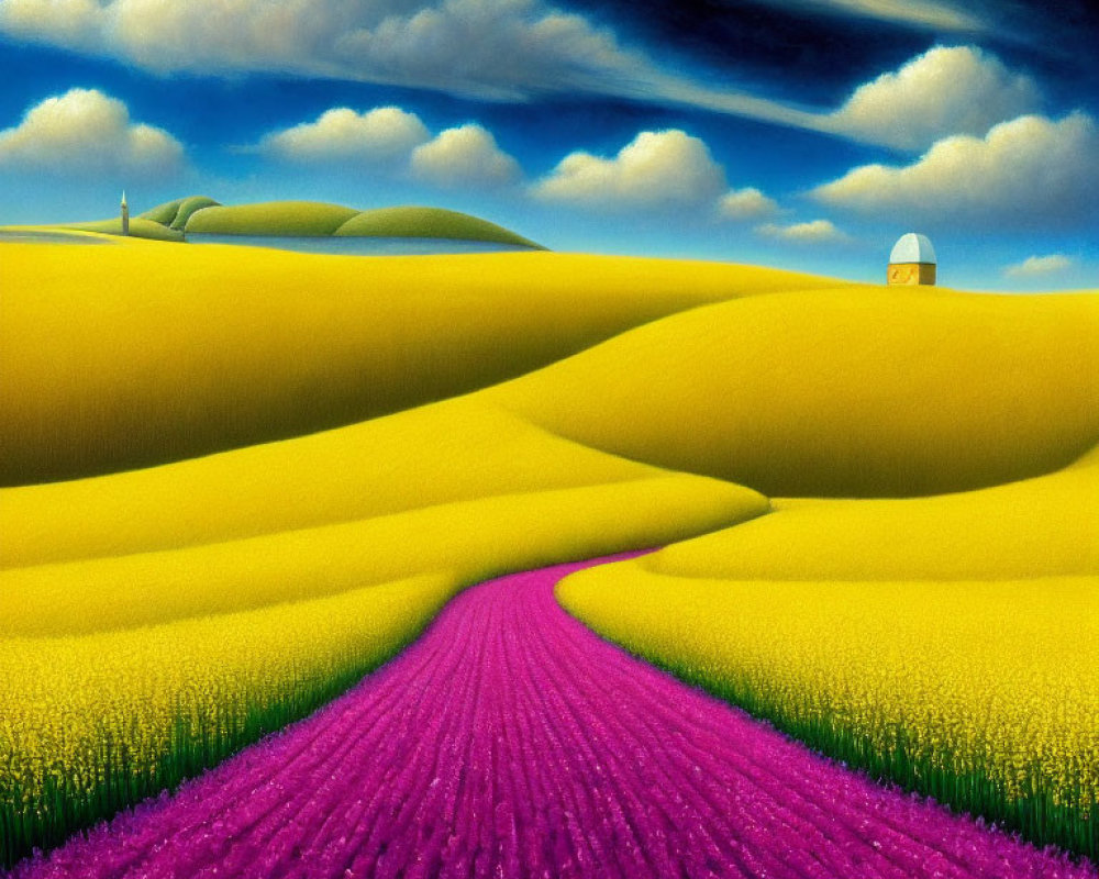 Colorful landscape painting: yellow hills, purple path, small house, blue sky