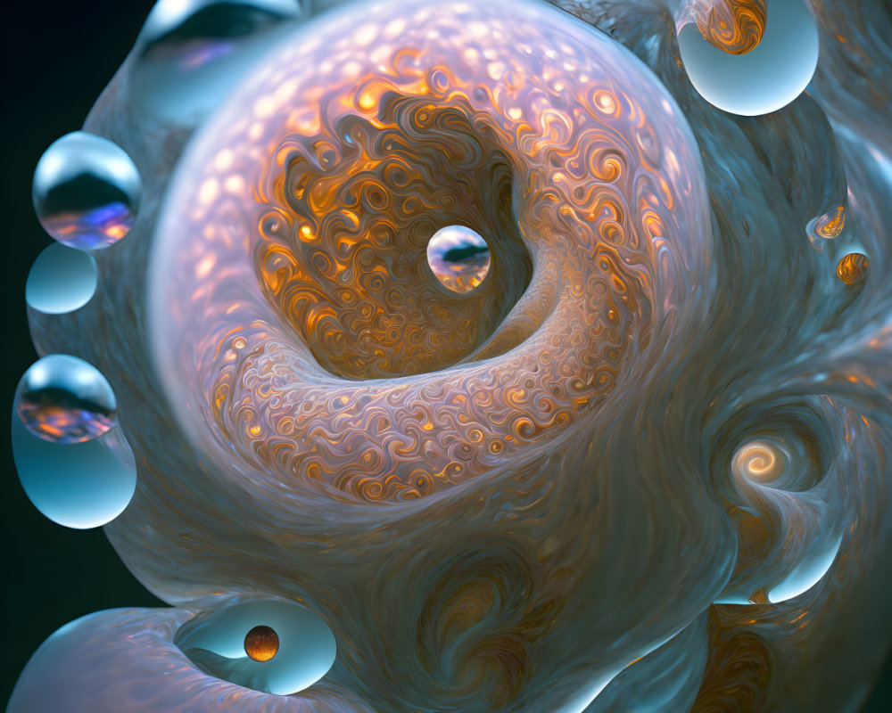 Digital fractal image: Swirling spiral pattern in orange and cream hues with glossy orbs