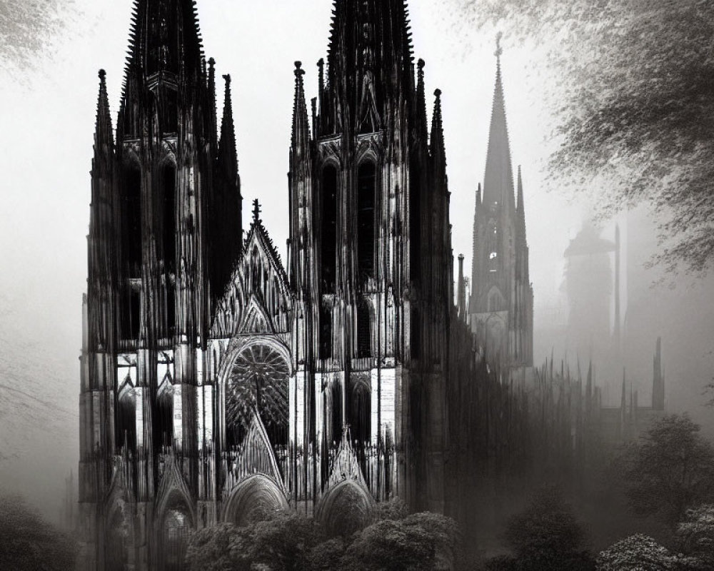 Gothic cathedral surrounded by mist and trees - mystical atmosphere