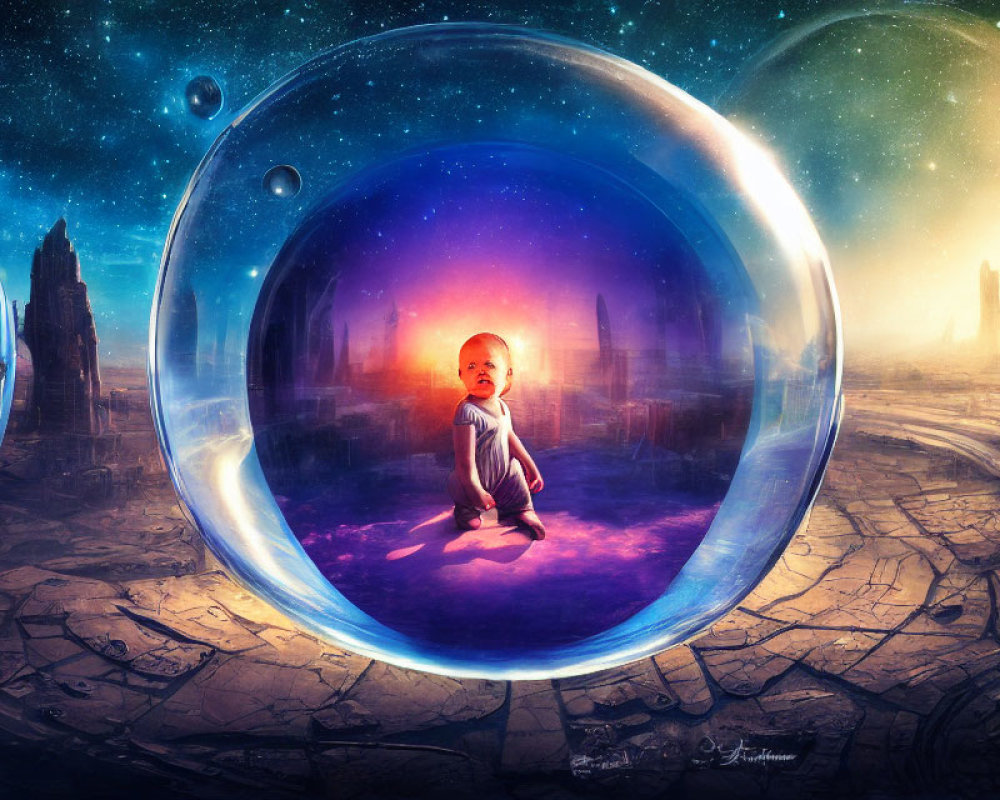 Baby in bubble on cracked surface with futuristic cities and planets in background