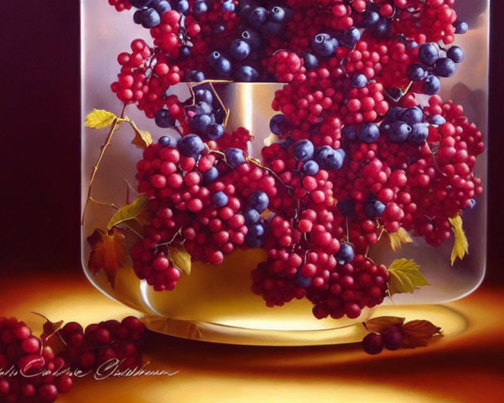 Hyperrealistic Painting of Glass Vase Overflowing with Red and Dark Blue Grapes