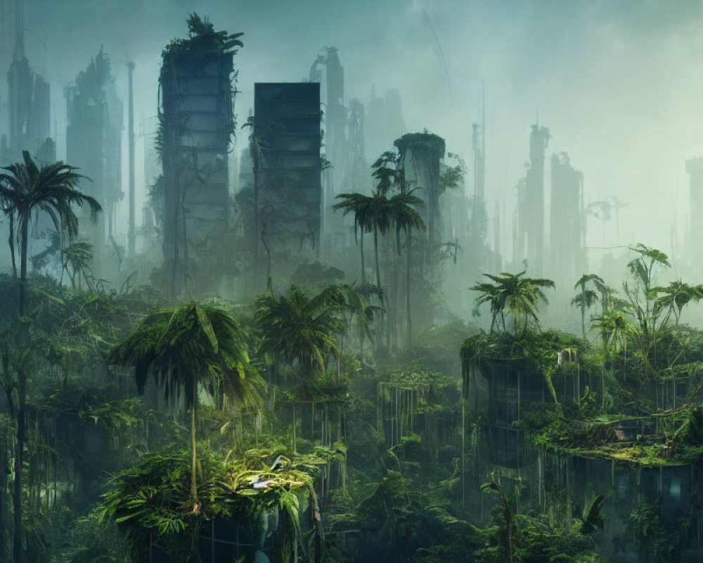 Futuristic city ruins overtaken by greenery and mist