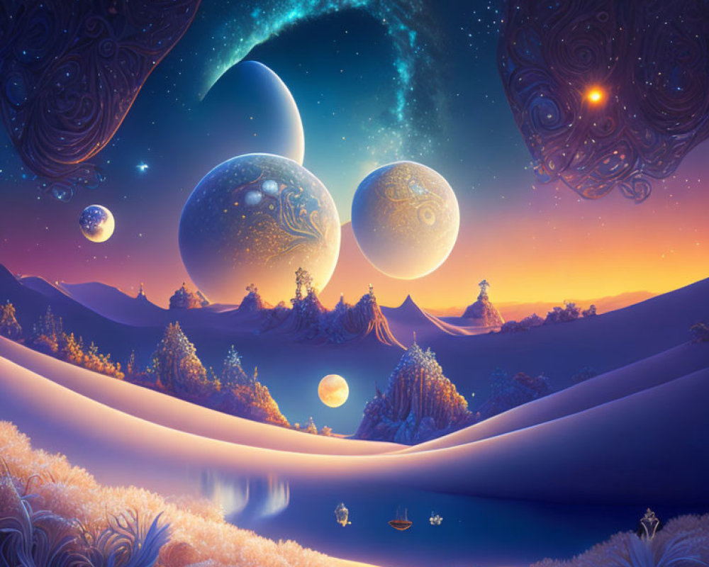 Colorful Fantasy Landscape with River, Trees, Hills, and Celestial Bodies