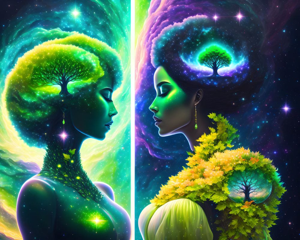 Female figures with cosmic backgrounds and tree elements depicted in artwork.