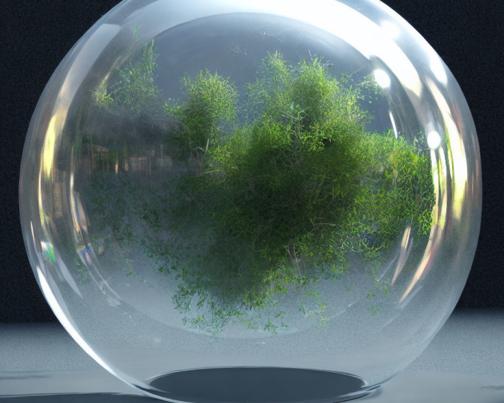 Transparent glass sphere with green trees reflecting surroundings on glossy surface