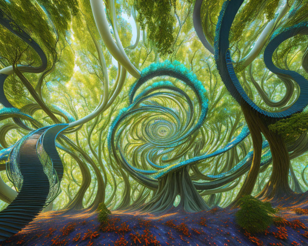 Surreal forest with twisted trees and spiral-patterned sky