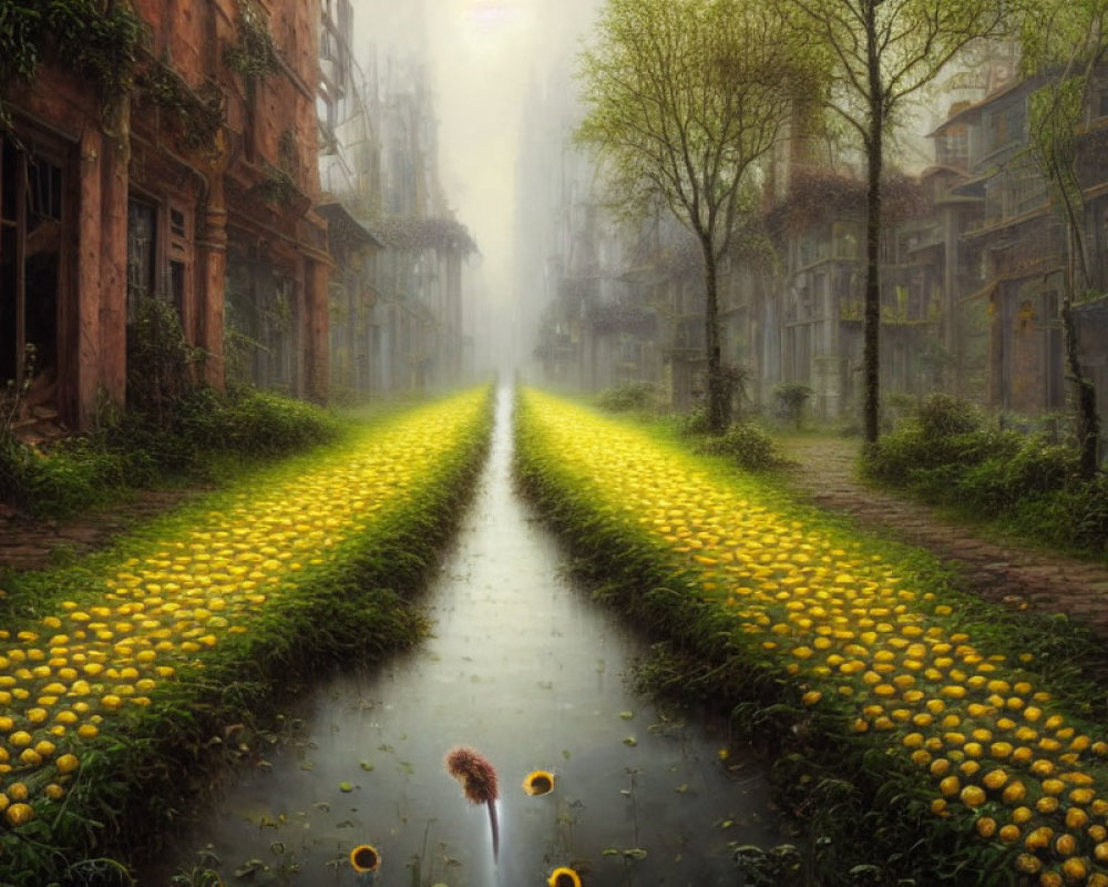 Deserted cityscape with lemon-lined pathway and dandelion under ethereal light