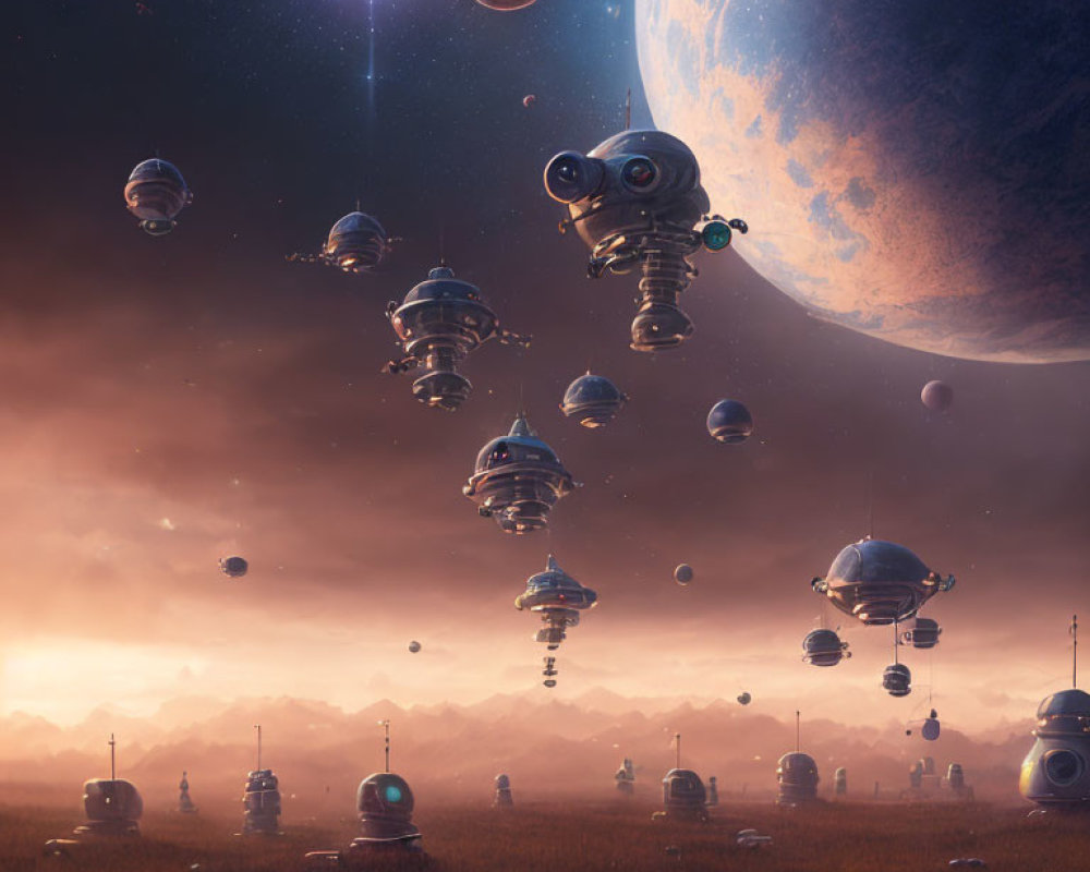 Sci-fi landscape with robotic structures, giant moon, planets, and stars at dusk