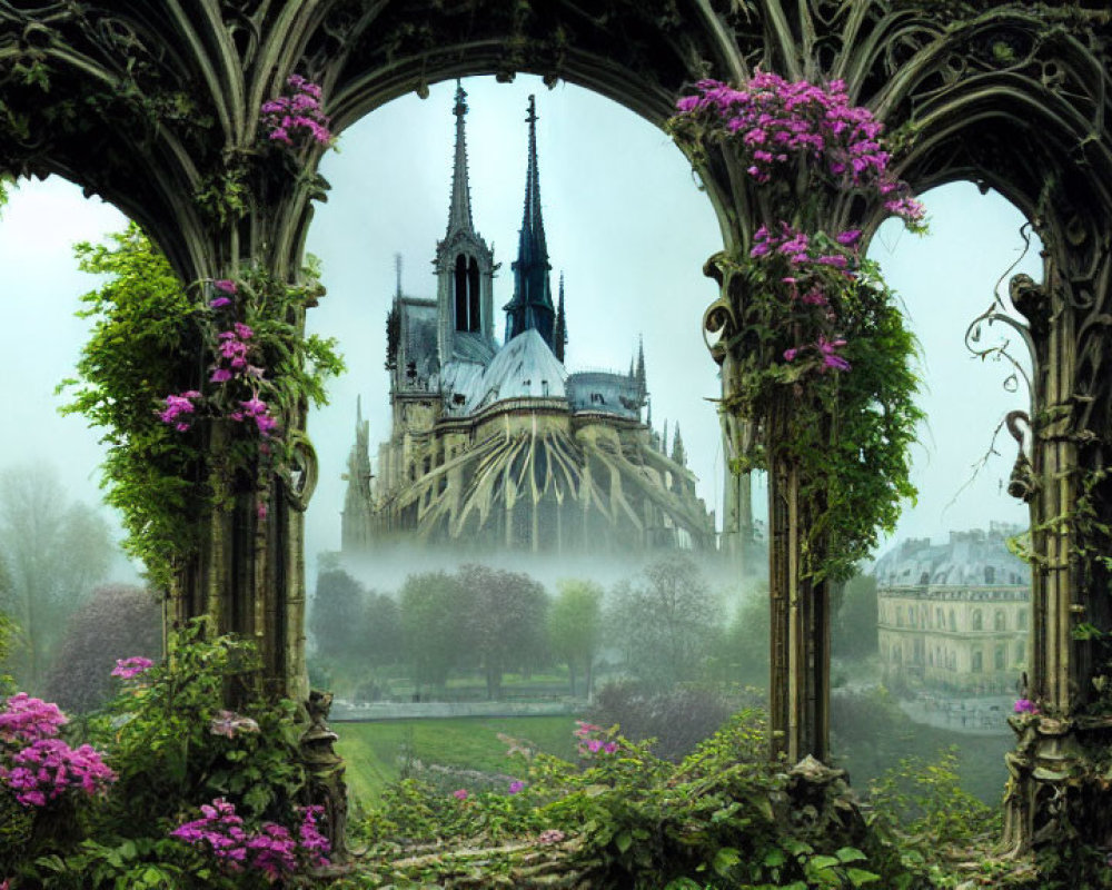 Stone arch with flowering vines framing misty view of Gothic cathedral