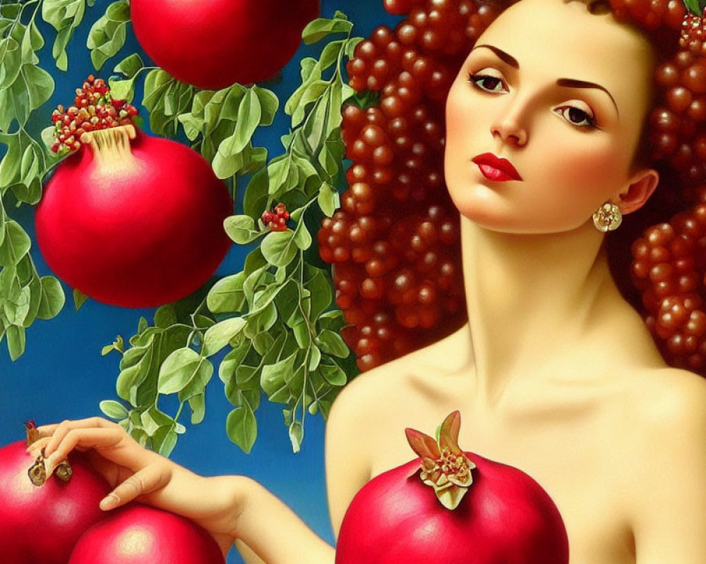 Vibrant painting of woman with red hair and pomegranates on blue background