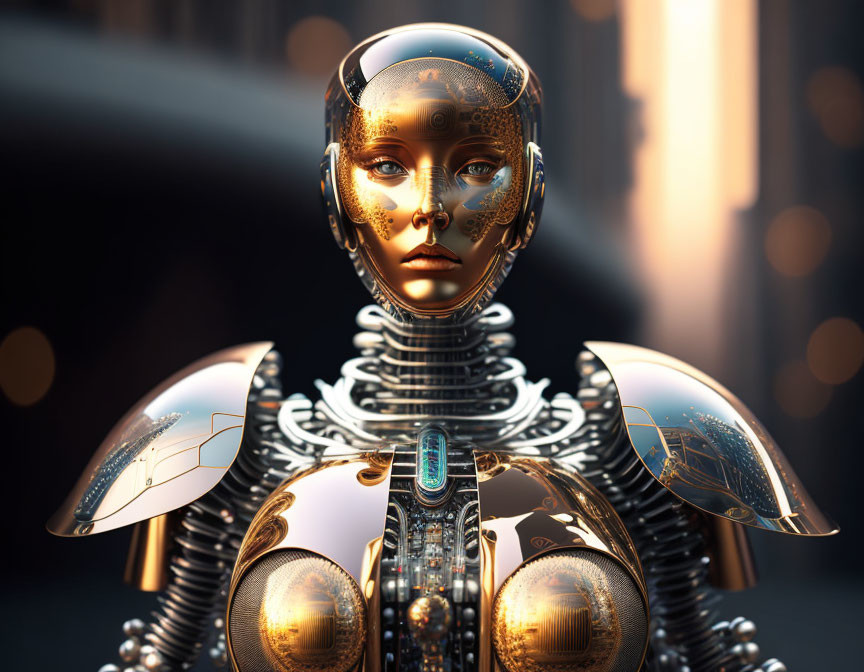 Detailed Golden Humanoid Robot with Reflective Surface on Warmly Lit Blurred Background