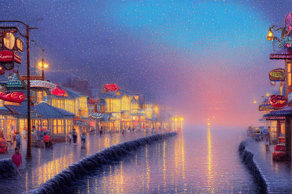 Vibrant Snowy Street Scene at Dusk with Neon Signs and Pedestrians