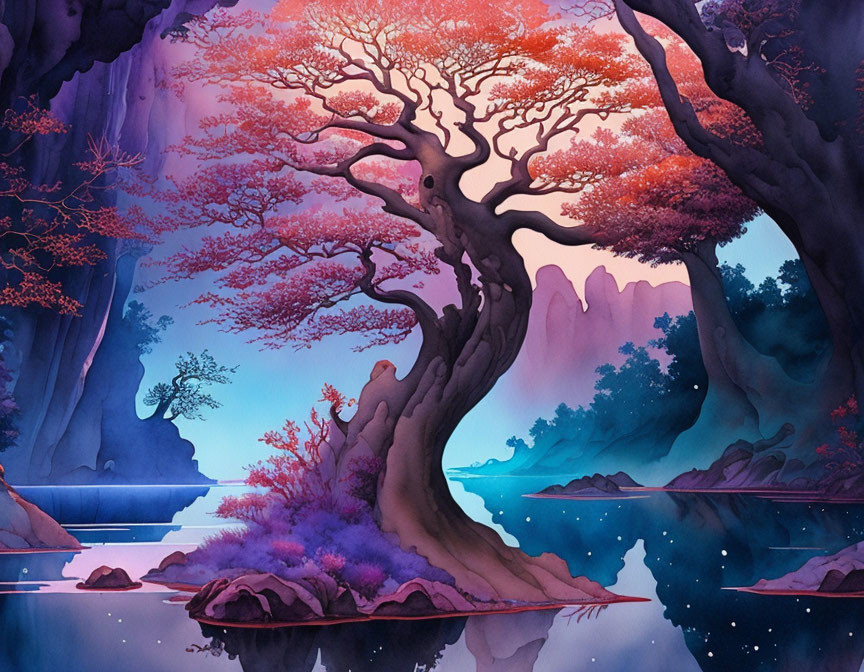 Mystical cherry blossom tree by serene lake and purple flora