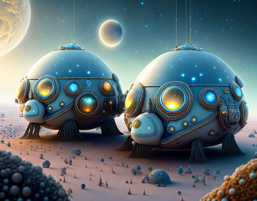 Surreal landscape: Ornate spherical structures in alien desert.