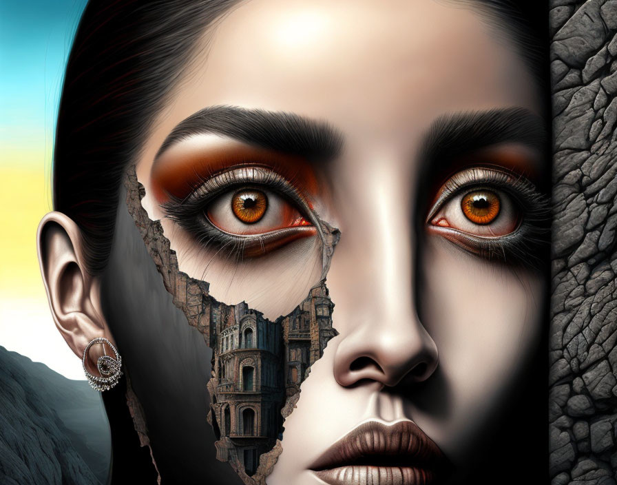 Surreal Artwork: Woman's Face and Rocky Landscape Merge