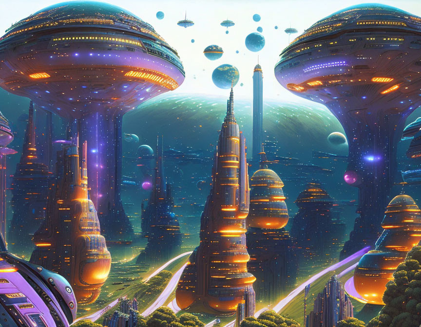 Futuristic cityscape with towering buildings, glowing lights, floating orbs, and lush greenery.