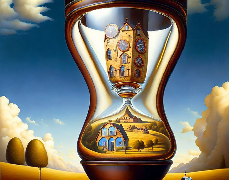 Surreal artwork: hourglass, melting clock, idyllic landscape