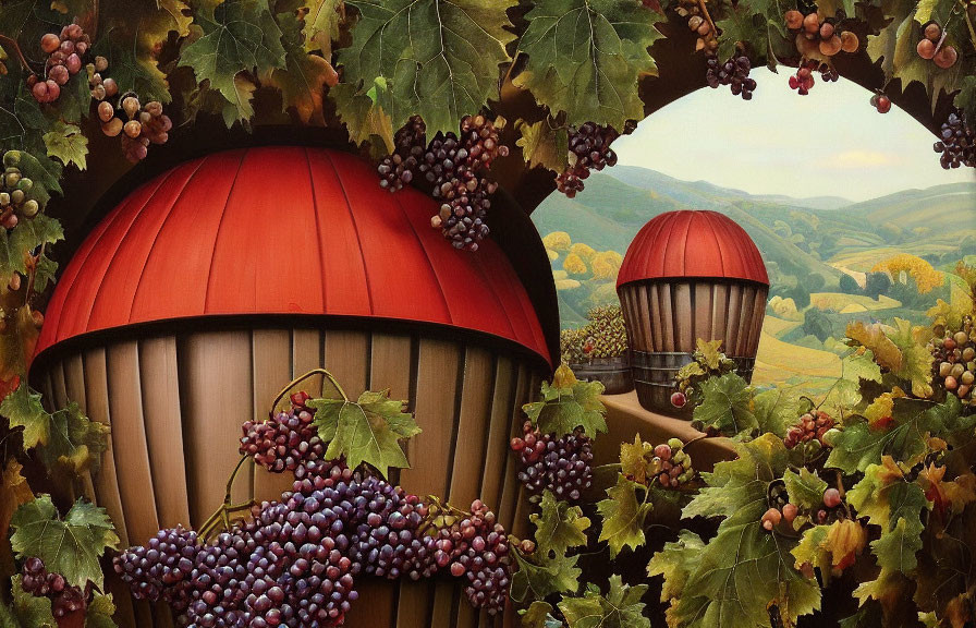 Autumnal landscape with whimsical balloon-like structures among grapevines