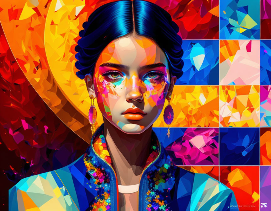 Colorful digital portrait: Woman with blue hair, geometric patterns, vivid mosaic style