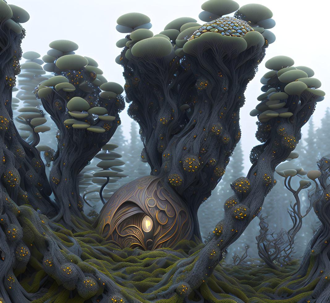 Enchanted forest with oversized mushrooms and mystical doorway