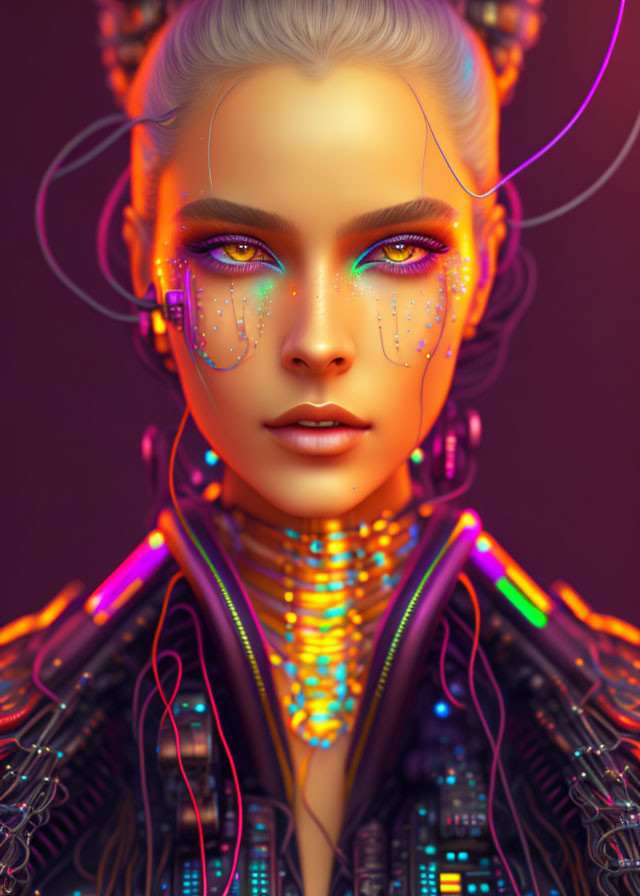 Detailed Cybernetic Female Android with Glowing Neon Makeup