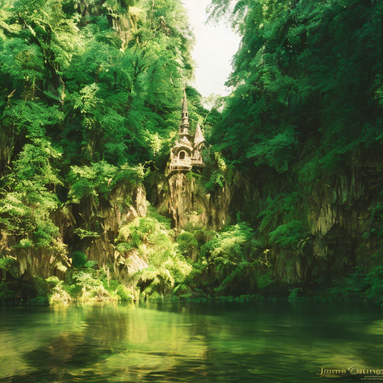 Ancient Pagoda in Lush Green Forest by Tranquil River