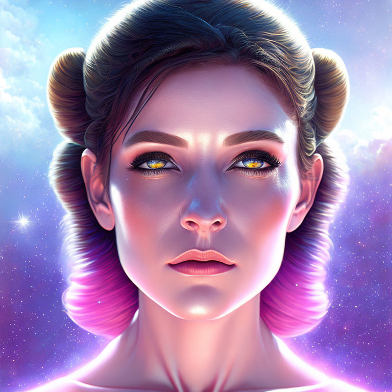 Fantasy digital art: Woman with ram horns, glowing eyes, nebula backdrop