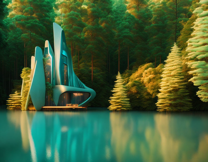 Curved futuristic building in pine forest by tranquil lake at dusk