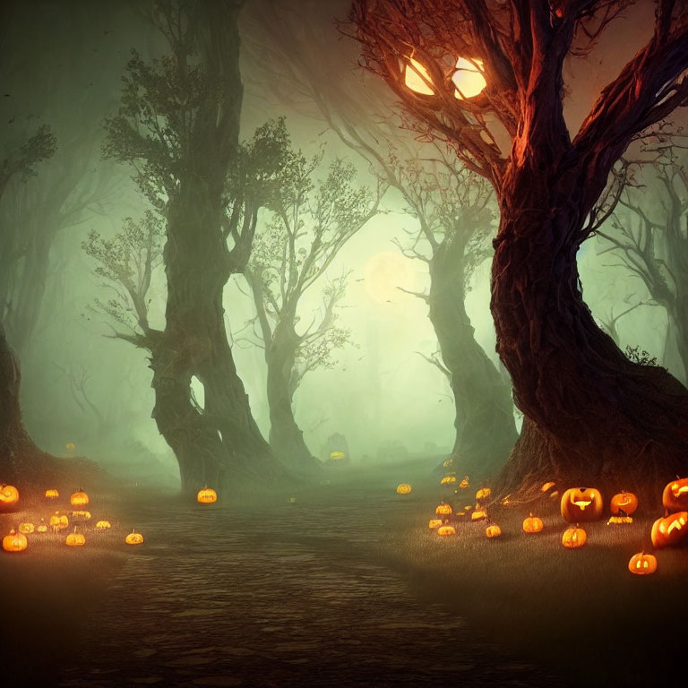 Glowing jack-o'-lanterns on eerie forest path at night