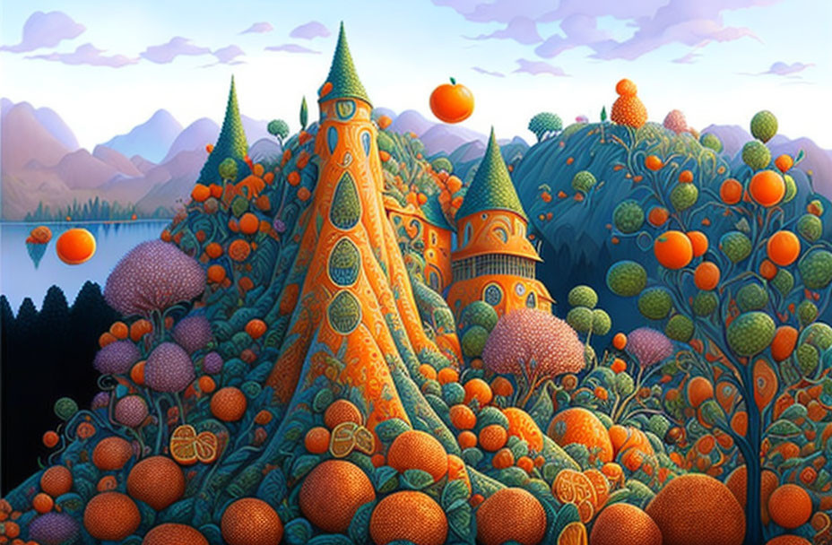 Colorful fairytale landscape with orange fruit theme, castles, and rolling hills