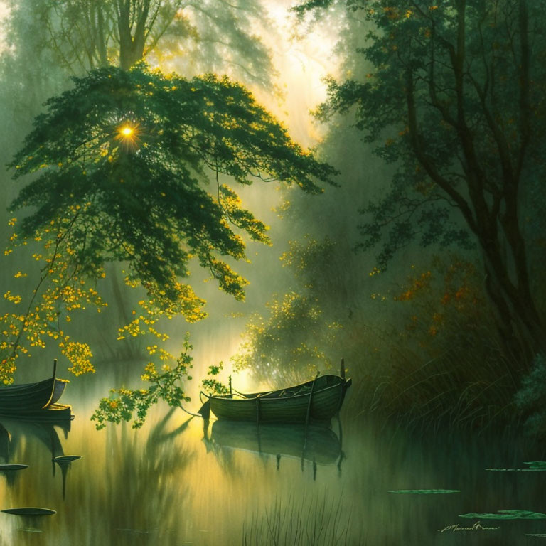 Misty Lake Scene with Wooden Boats and Golden Tree