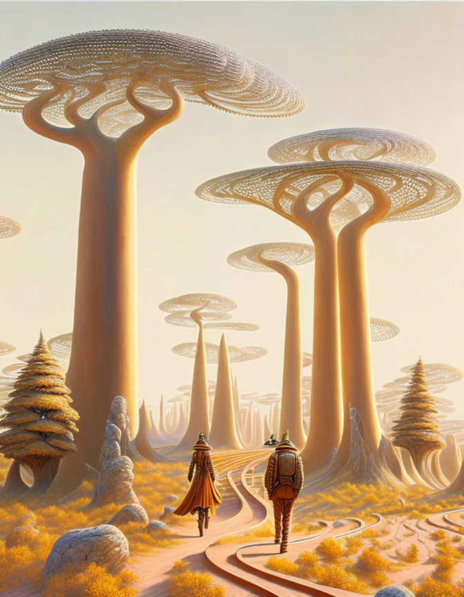 Dreamlike landscape with towering mushroom-shaped structures and two figures walking.