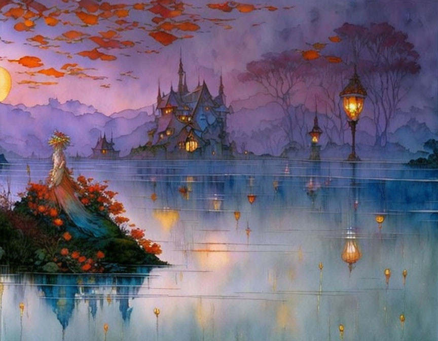 Twilight fantasy scene with castle, colorful trees, lanterns, and misty water.