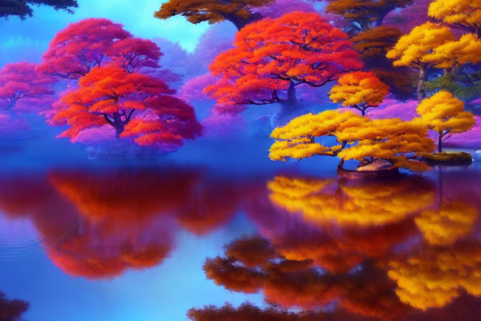 Colorful autumn trees reflecting on tranquil lake under purple sky