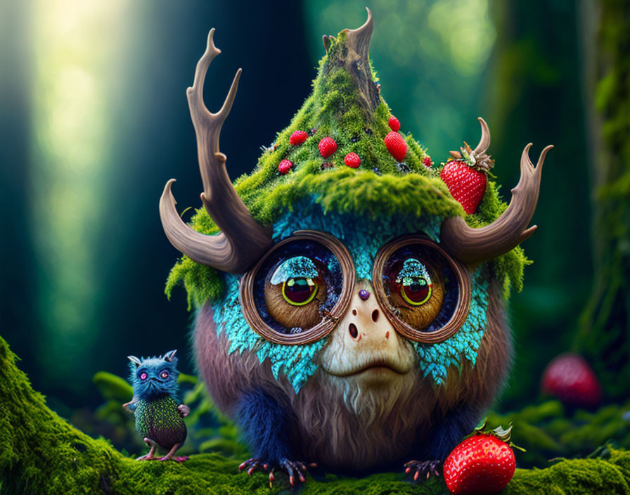 Whimsical creature with large eyes in forest setting with strawberries