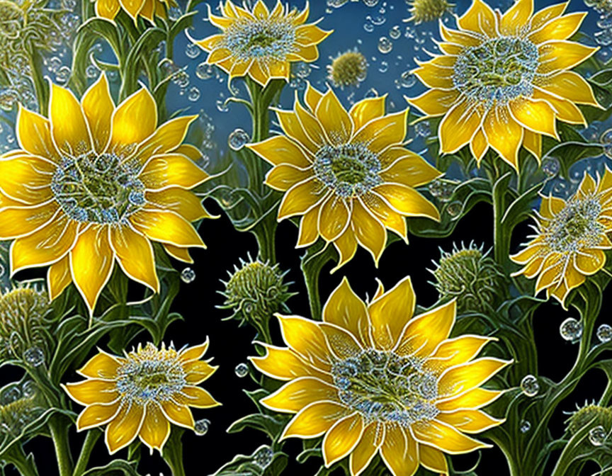 Vibrant digital artwork: Sunflowers with glow, intricate greenery, bubble-like details on dark