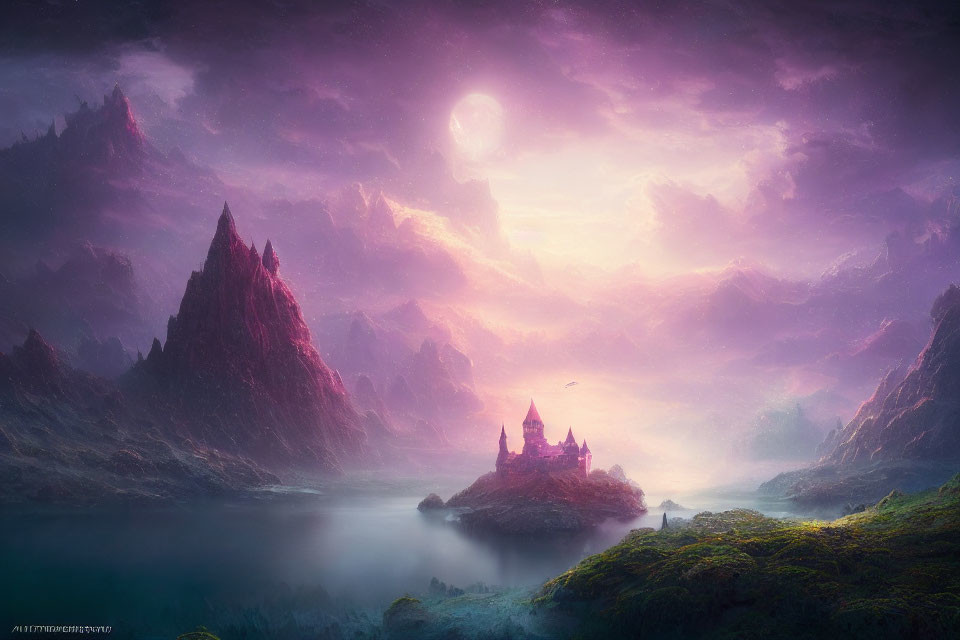 Misty mountains, glowing castle, lush greenery, purple sky scene