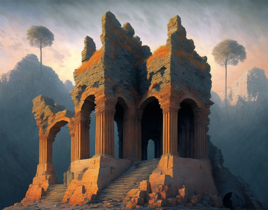 Ruined ancient temple on high cliff with orange moss, fog, and sparse trees