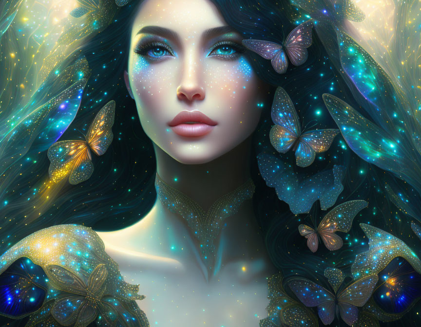 Digital art portrait of woman with blue butterflies and cosmic hair patterns