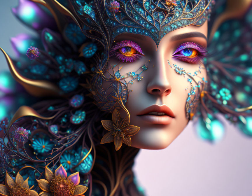 Intricate blue and bronze floral headdress on woman with purple eyes