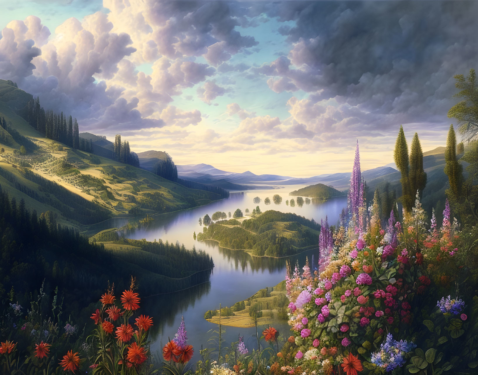 Tranquil landscape with lush valley, vibrant flowers, river, and rolling hills at sunset