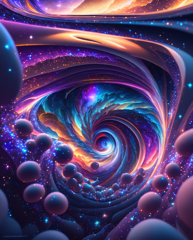 Colorful digital artwork of cosmic whirlpool with swirling patterns in blues and purples