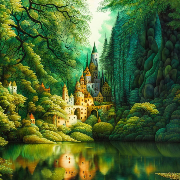 Fairy-tale castle in lush forest with lake reflection