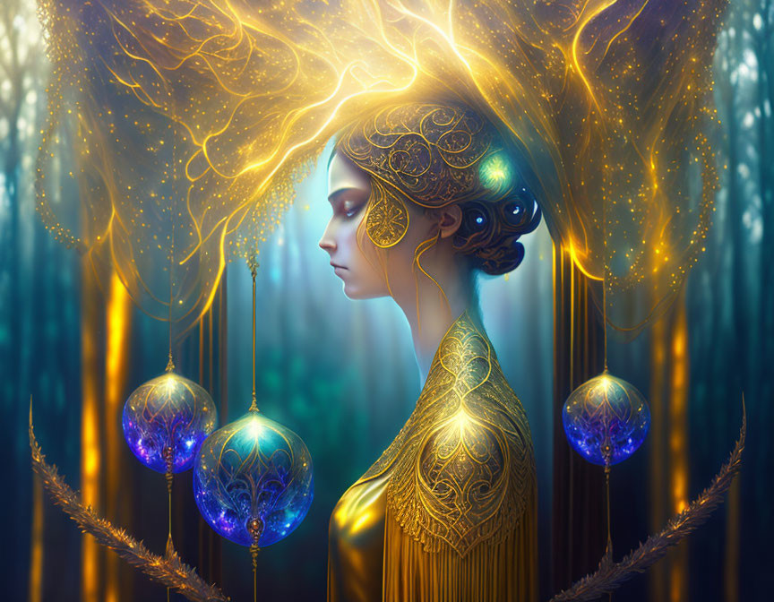 Golden-haired female figure surrounded by glowing orbs in ethereal forest