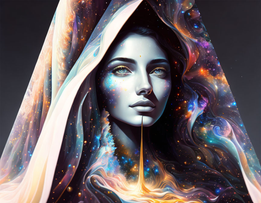 Woman with cosmic patterns enveloped in swirling galaxy cloak