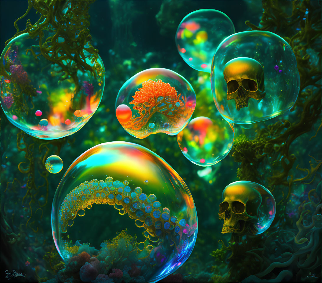 Colorful Corals and Skulls in Surreal Underwater Scene