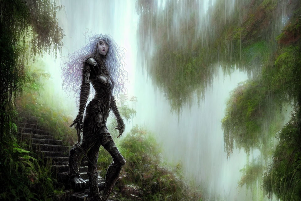 Mystical figure with pale skin and dark hair in misty forest setting