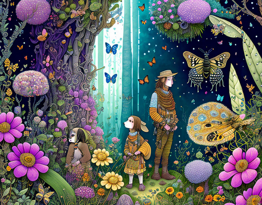 Whimsical boy, girl, and dog with vibrant flowers and butterflies